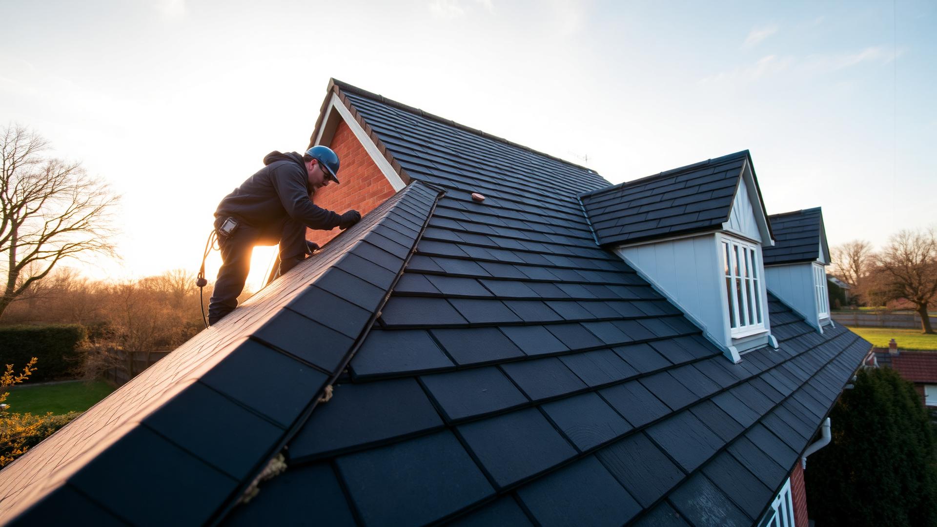 Roofer working on a slate roof in Somerset